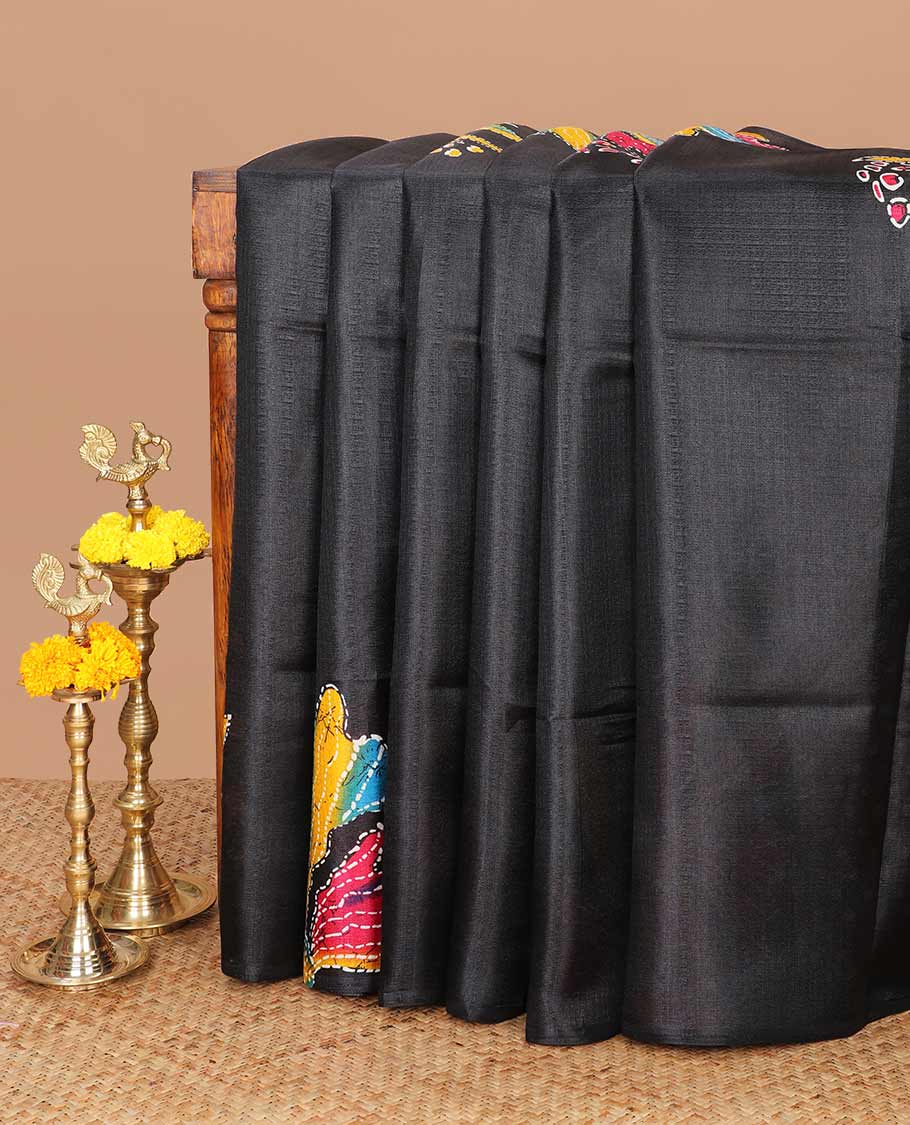 Borderless Black floral digital print semi khadhi silk saree with digital printed blouse & printed blouse