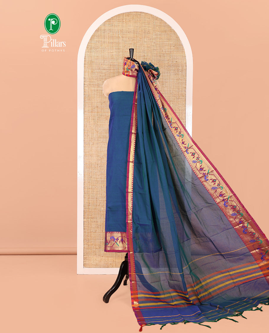 Blue Mercerised Cotton Material Chudidar Set, Elevated with Paithani Bordered Top, a Mercerised Cotton Bottom, and Paired with a Matching Mercerised Cotton Paithani Bordered Dupatta