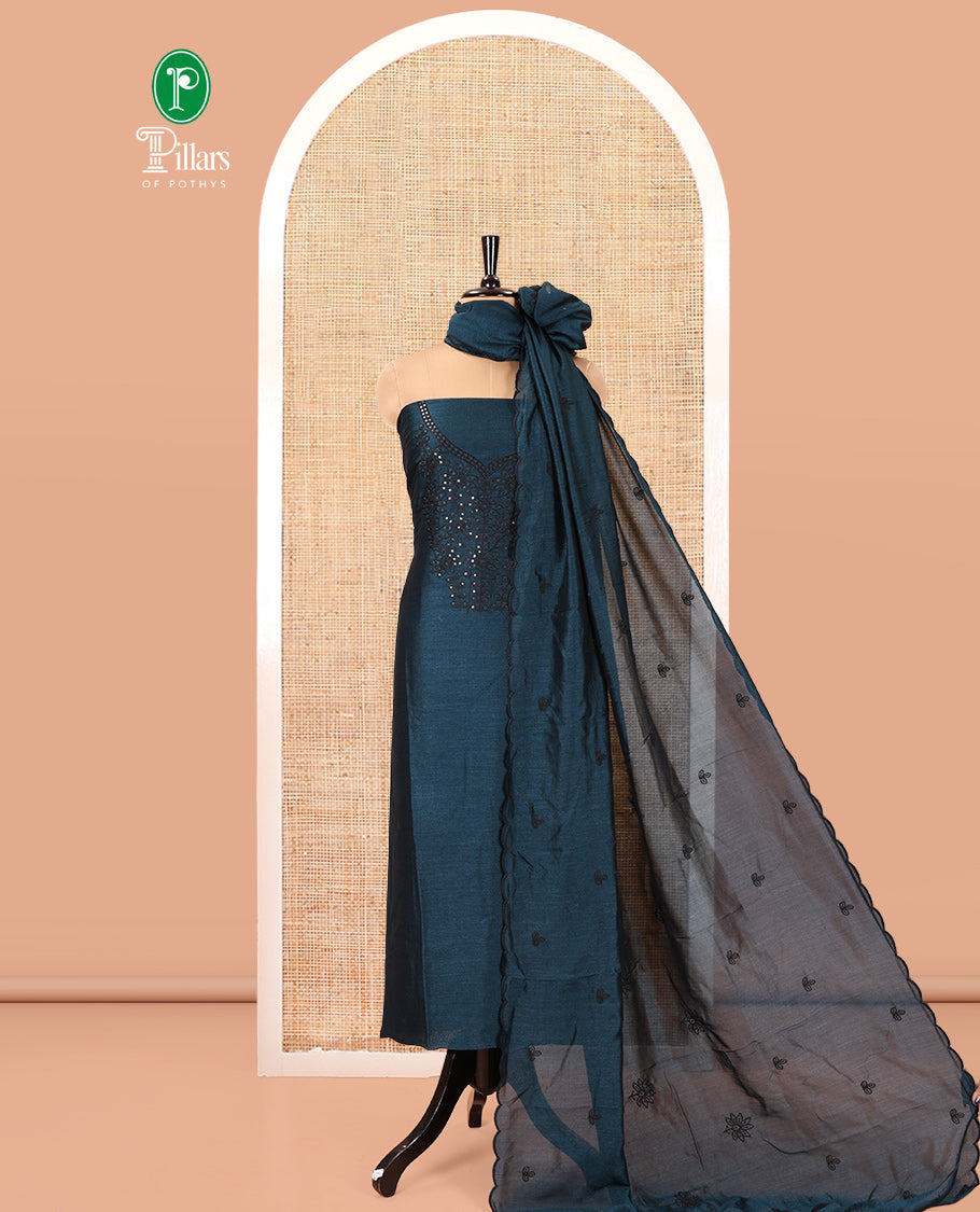 Peacock Blue Vichitra Silk Material Chudidar Set Featuring Sequins-Thread-Embroidered Top, a Santoon Bottom, and a Matching Scallop-Embroidery Dupatta