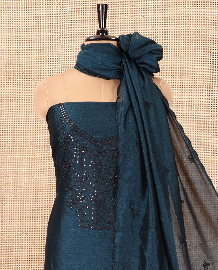 Peacock Blue Vichitra Silk Material Chudidar Set Featuring Sequins-Thread-Embroidered Top, a Santoon Bottom, and a Matching Scallop-Embroidery Dupatta