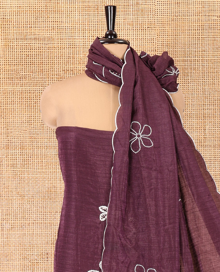 Wine Material Chudidar Set, Delicately Woven with Floral Thread Embroidered Mul Chanderi Top, a Mul Chanderi Bottom, Paired with Floral Thread-Embroidered Mul Chanderi Dupatta