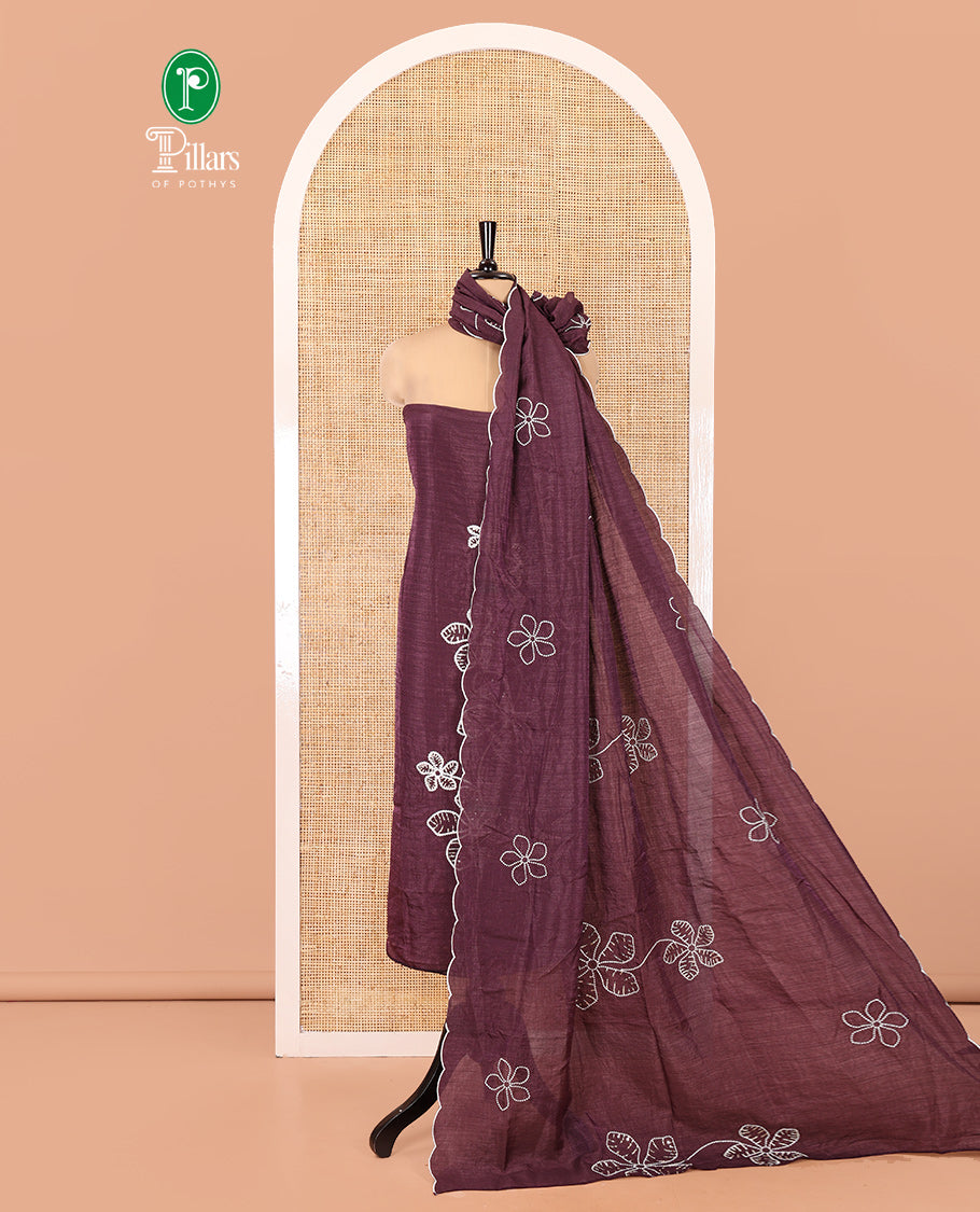 Wine Material Chudidar Set, Delicately Woven with Floral Thread Embroidered Mul Chanderi Top, a Mul Chanderi Bottom, Paired with Floral Thread-Embroidered Mul Chanderi Dupatta