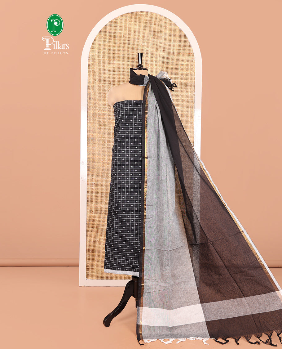 Black Handloom Cotton Material Chudidar Set Featuring Butta Enclosed Checked Top, Heathered Bottom, and Dual-Color Dupatta