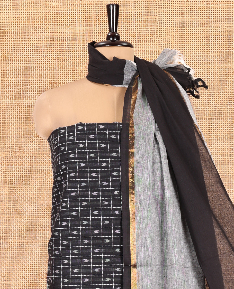 Black Handloom Cotton Material Chudidar Set Featuring Butta Enclosed Checked Top, Heathered Bottom, and Dual-Color Dupatta