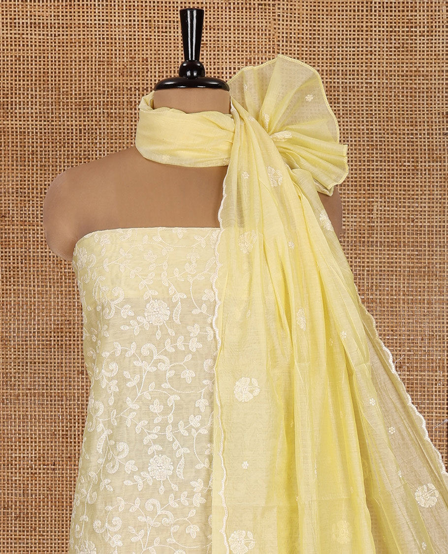 Yellow Mul Chanderi Material Chudidar, Lucknowi-Style Embroidery Top, a Santoon Bottom, Scallop Embroidered Dupatta