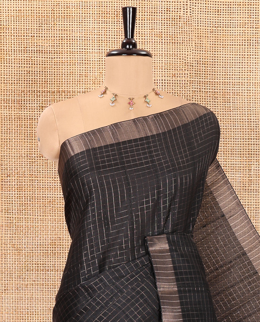 Black zari checked design fancy tussar silk saree, bavanji border, zari design pallu, and a matching blouse