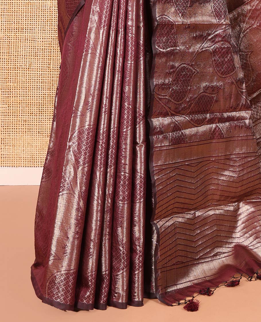 Borderless Wine Fancy Matka Silk Saree, Enriched with Gleaming Zari Weave and Leaf Jacquard Designs, Rich Pallu of Chevron Stripes, and Paired with a Matching Jacquard Blouse