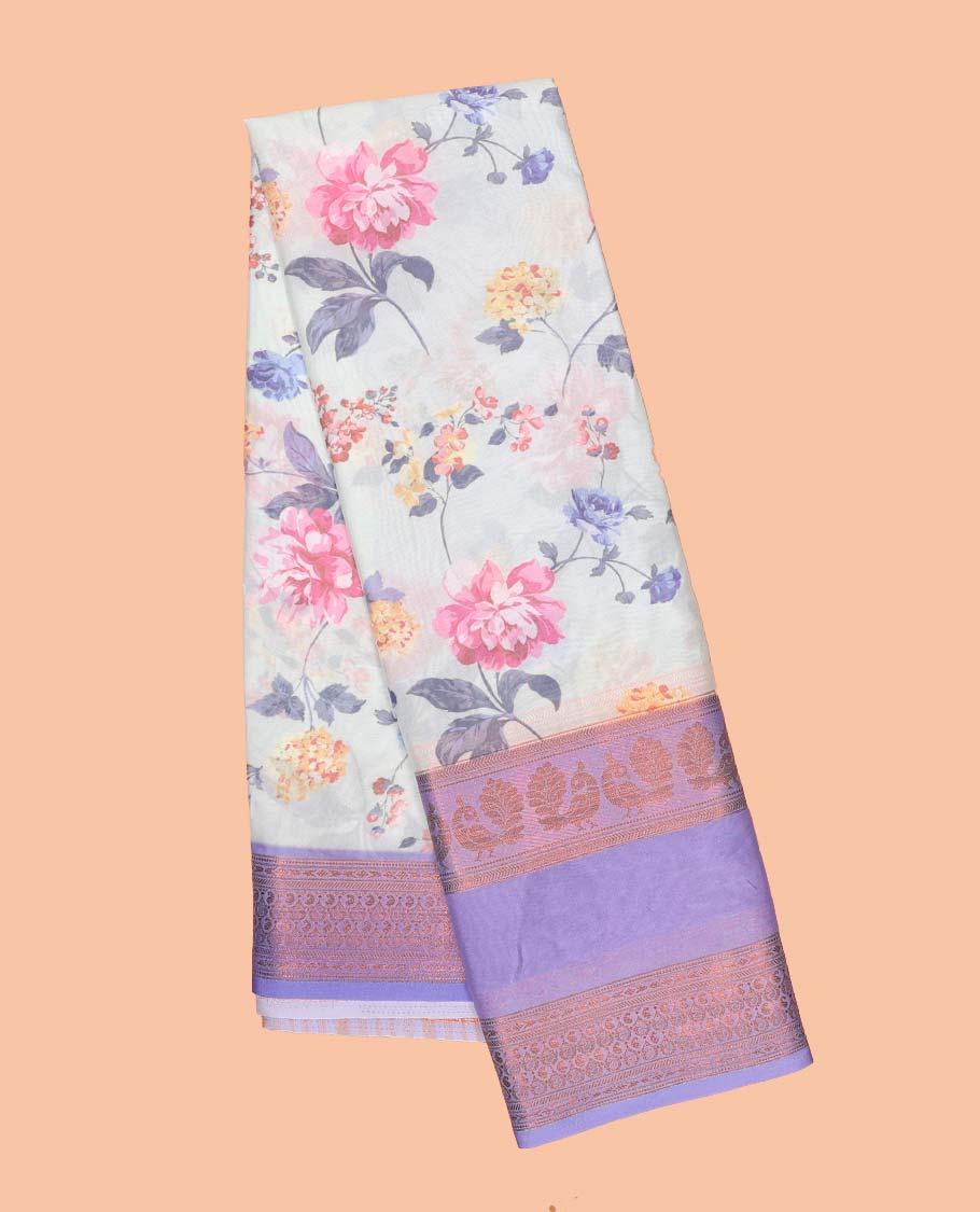 Blue floral printed semi-banaras printed saree, contrast traditional design border & striped pallu