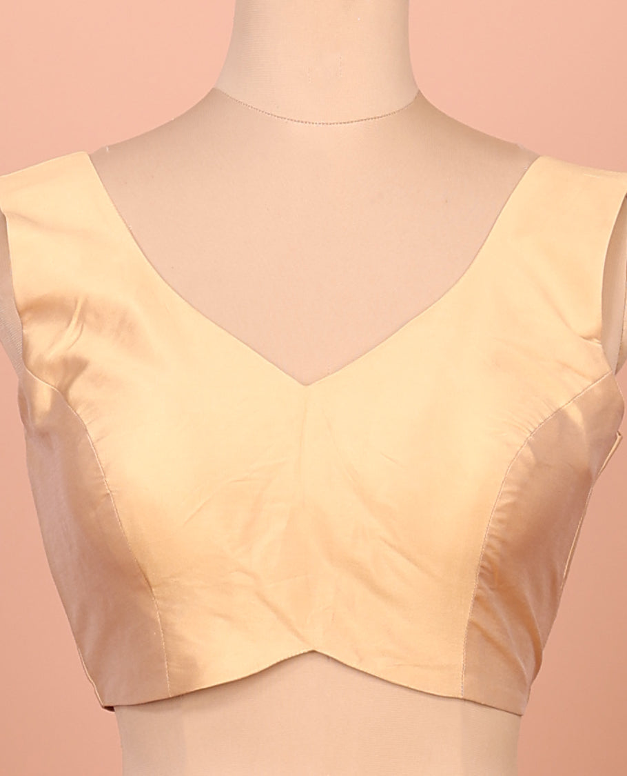 Gold Plain Readymade Blouse Featuring a Front V-Neck, Back Deep V-Neck, and Sleeveless