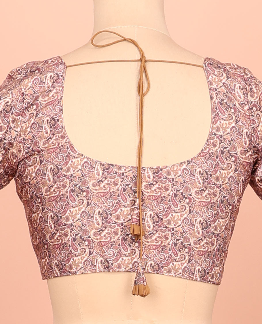 Pink paisleys printed front-back round-neck elbow sleeve readymade blouse