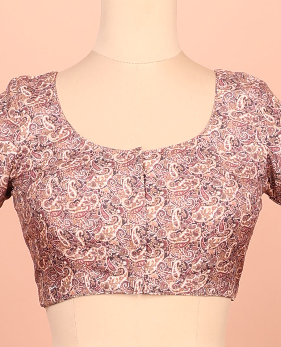 Pink paisleys printed front-back round-neck elbow sleeve readymade blouse
