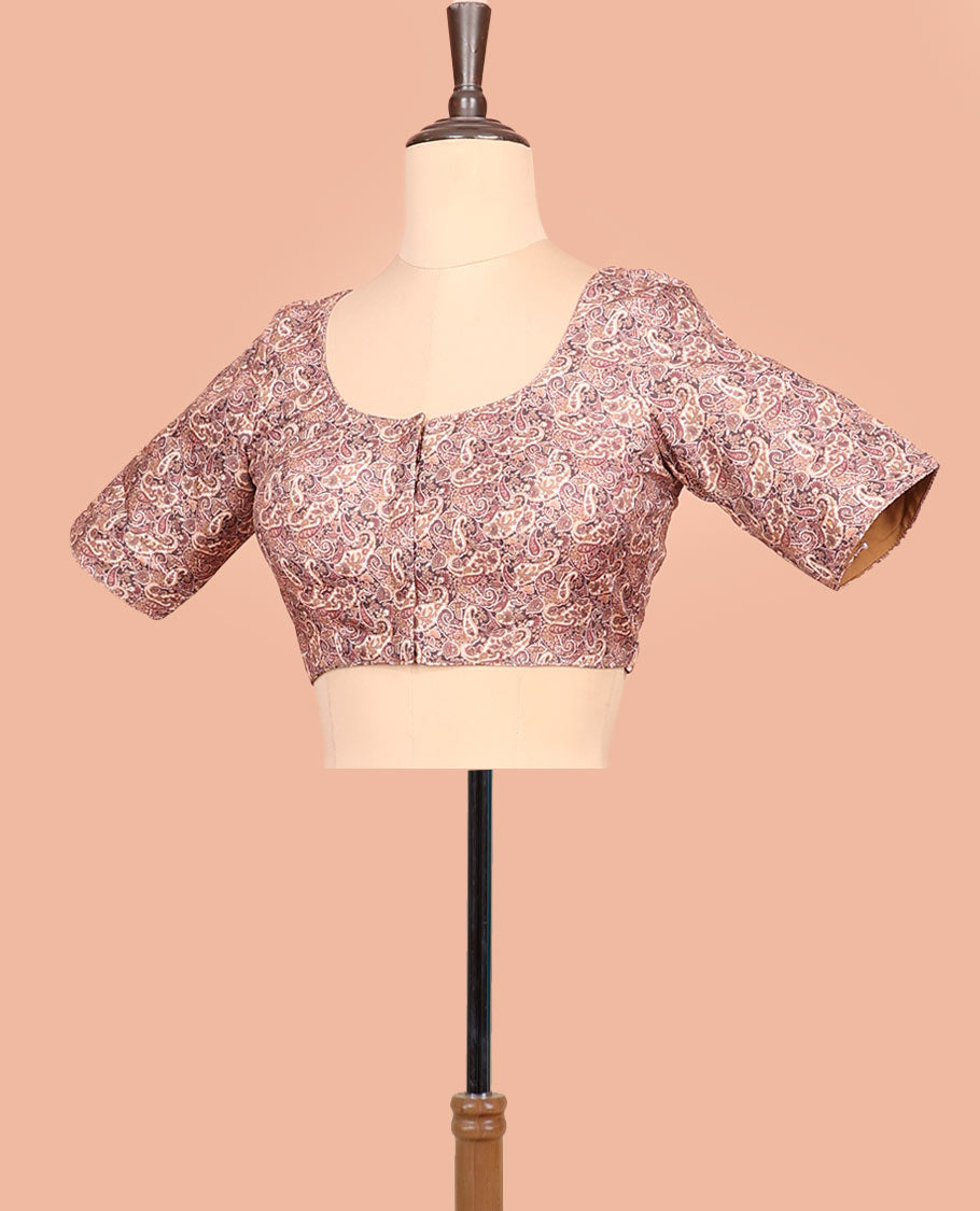 Pink paisleys printed front-back round-neck elbow sleeve readymade blouse