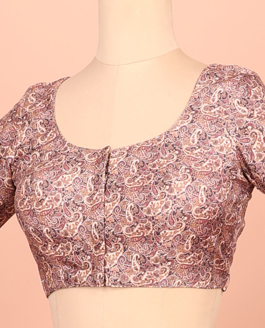 Pink paisleys printed front-back round-neck elbow sleeve readymade blouse