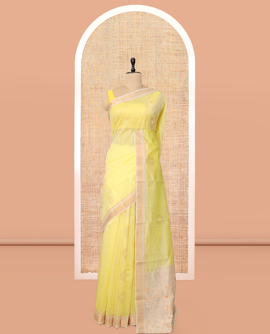 Yellow Silk Cotton Saree, Sparsely Woven with Buttas, a Contrast Zari Border, Intricately Designed Pallu, and a Contrast Blouse