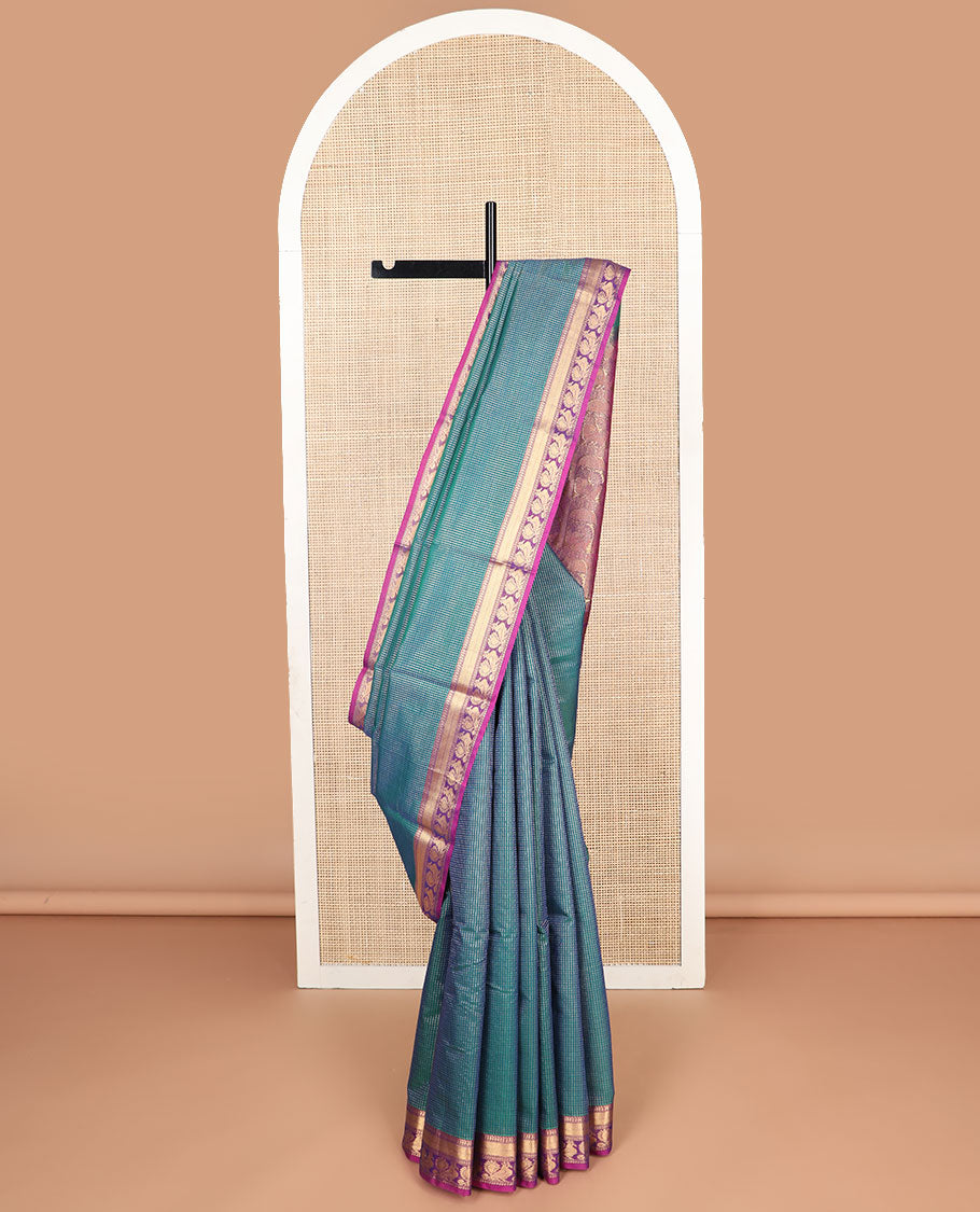 Sea blue striped silk cotton saree with contrast peacock design border & peacock design pallu