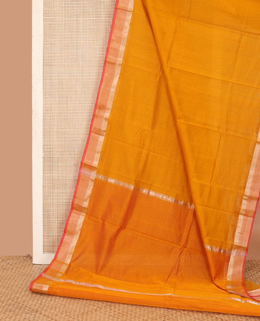 Orange plain silk cotton saree, contrast zari border, and plain pallu