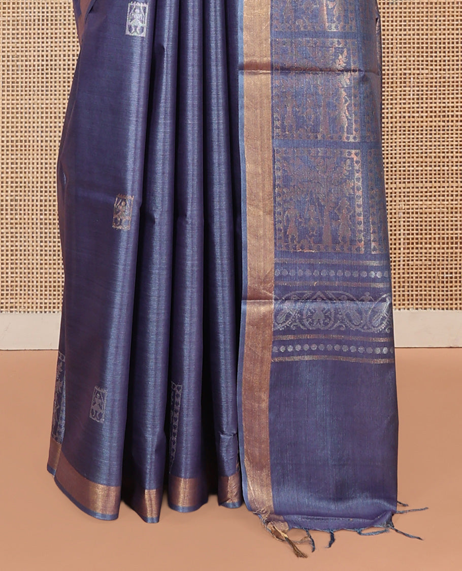 Grey Tussar Saree, Enriched with Warli Buttas, a Subtle Zari Border, Pallu of Warli Designs, and a Matching Blouse