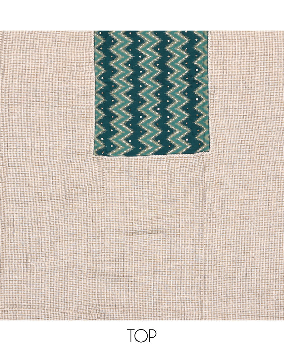 Sandal and peacock color material chudidar set, checks with neck ikkat embroidered top, plain bottom, and floral and chevron printed dupatta