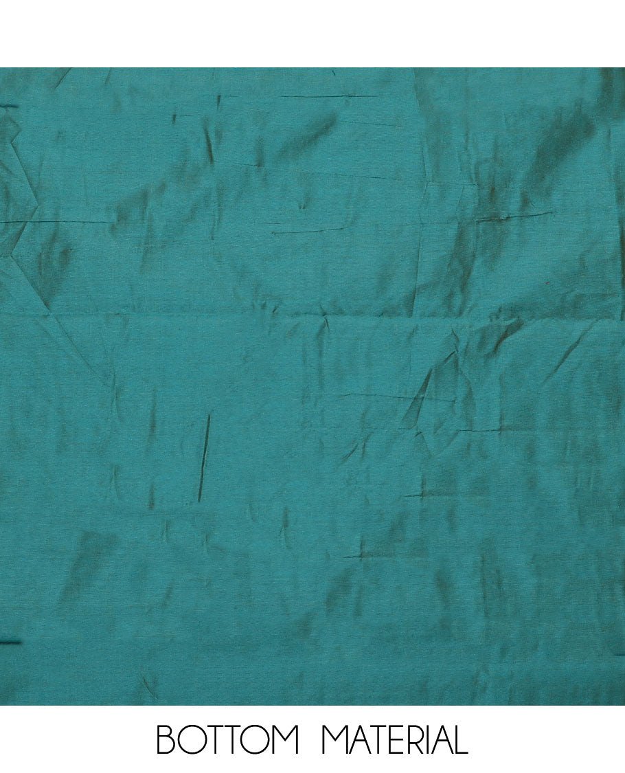 Sandal and peacock color material chudidar set, checks with neck ikkat embroidered top, plain bottom, and floral and chevron printed dupatta