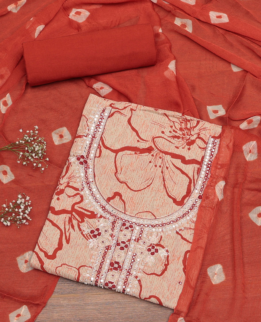 Rust Material Churidar Set, Detailed with Floral Print and Neck Work Cotton Top, Contrast Bottom, and Shibori Printed Chiffon Dupatta