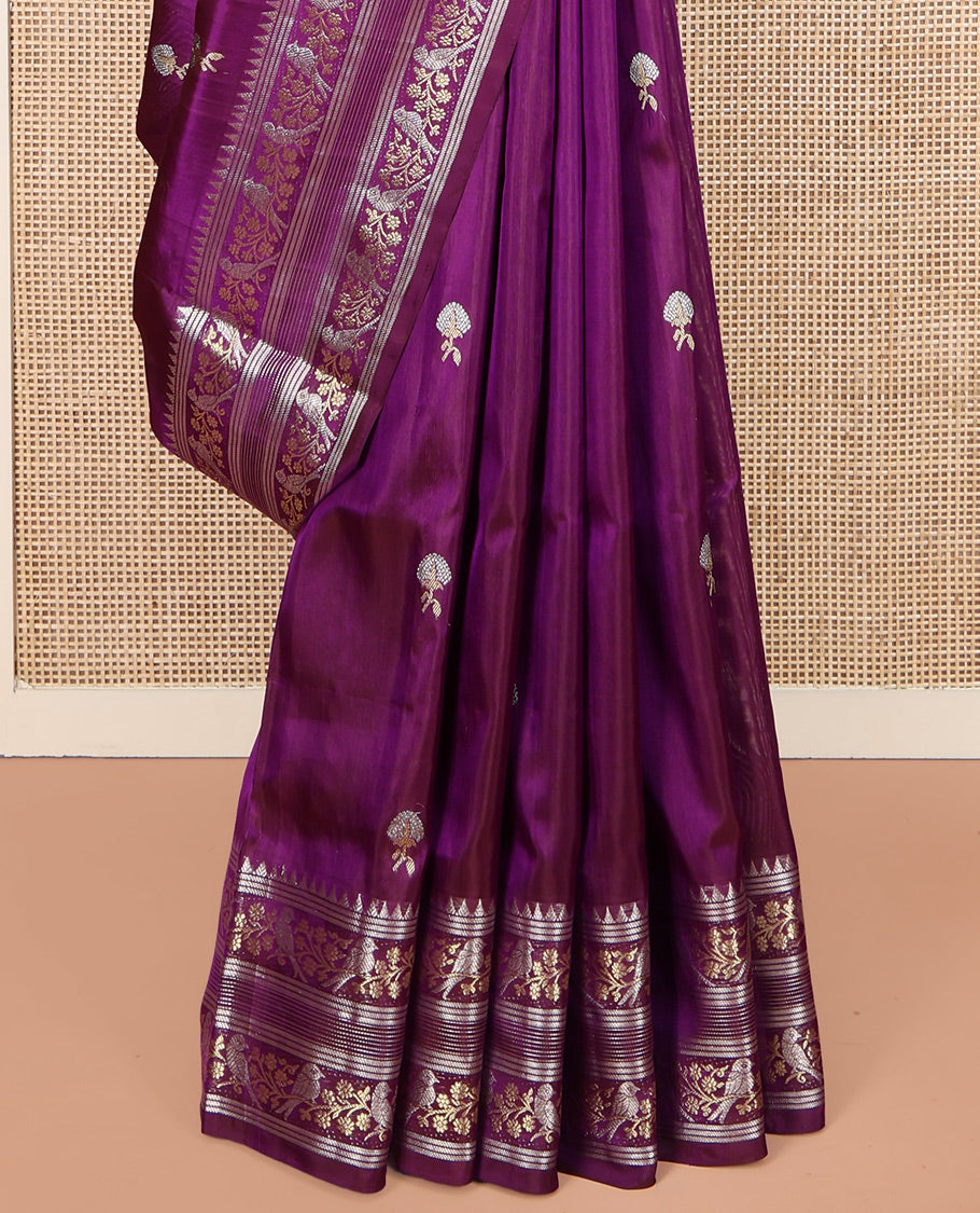 Purple Venkatagiri Silk Saree, Decorated with Zari Buttas on Its Body, Highlighted by a Traditional Zari Border of Floral-Sparrow Designs, Pallu Steeped with Traditional Designs, and Paired with a Matching Blouse