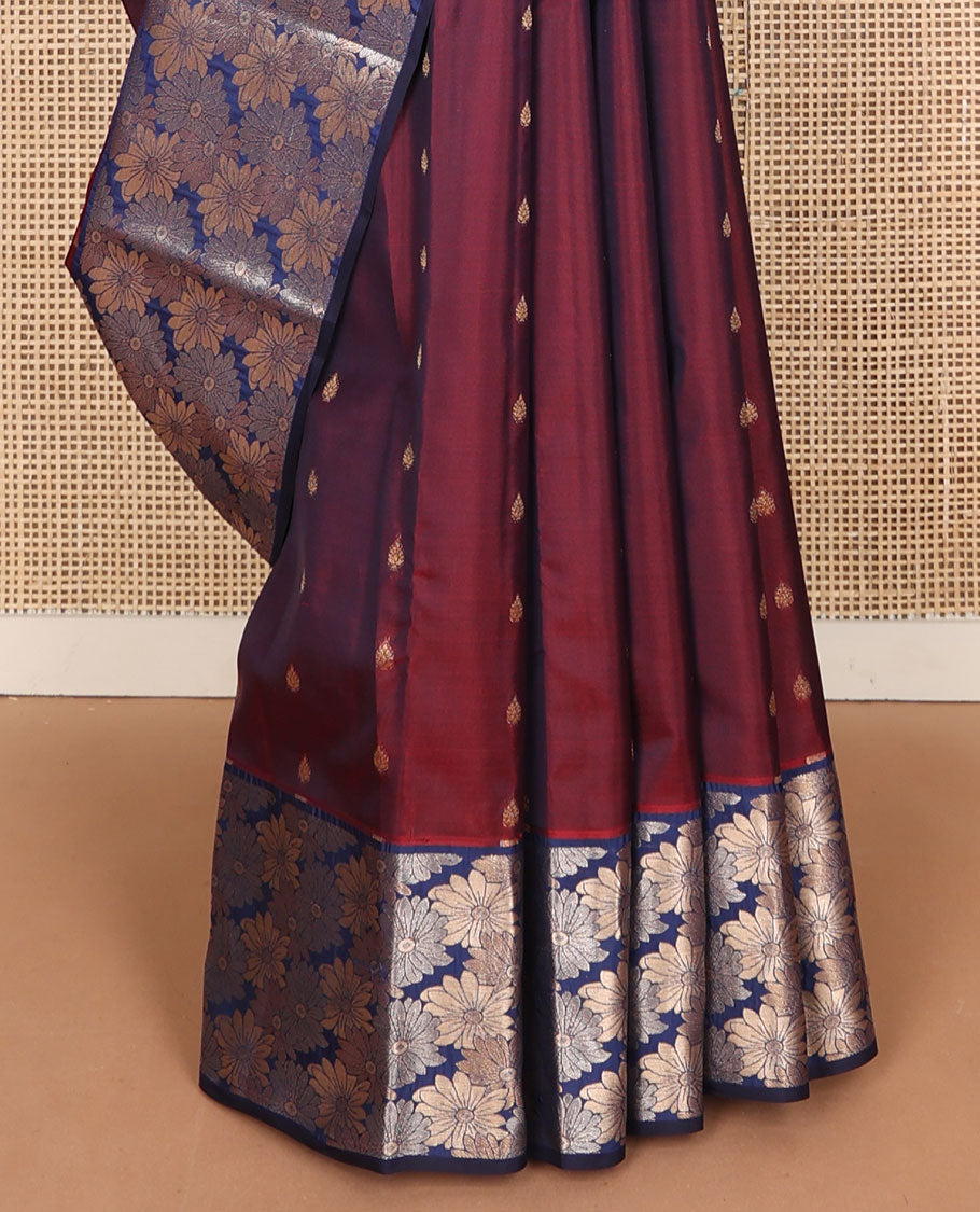 Maroon vasundhara elite silk saree with zari buttas, contrast floral zari design border & pallu of vanki & chakram designs