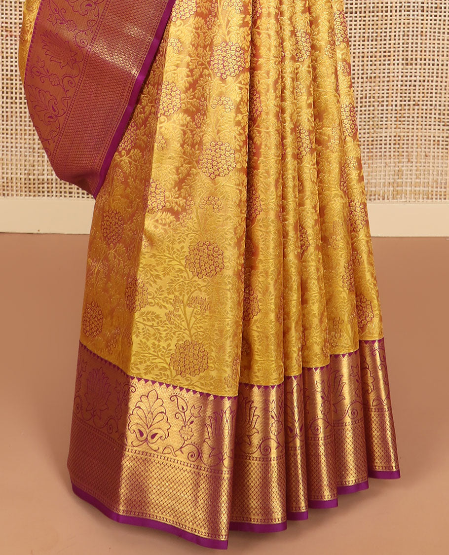 Mustard floral jacqaurd kancheepuram silk saree with contrast border of rekku, muthu, kuyil kann design & zari design pallu
