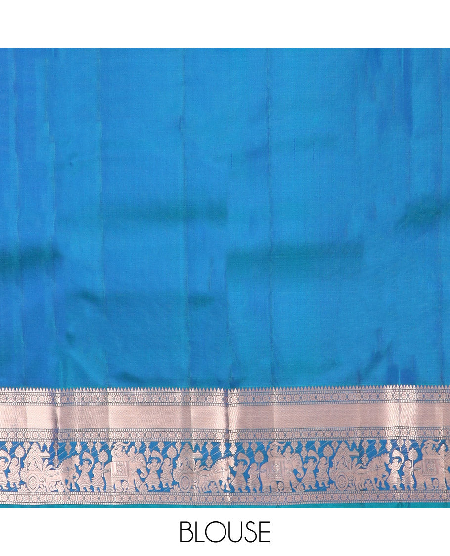 Blue Kanchipuram Silk Saree Elegantly Framed with Jacquard Design, Highlighted by Zari Border of Rekku, Muthu, Kamalam, and Prince in Palanquin Designs, Beautifully Bedecked Pallu, and Paired with a Matching Blouse