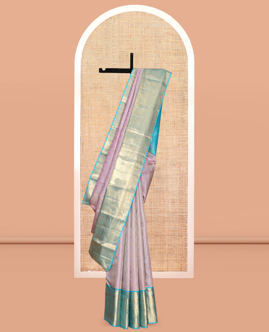 Lavender Kanchipuram Wedding Silk Saree, Embellished with Jacquard Design, Contrast Border of Thilakam, Rudraksham, Mayil, Yaanai, Chakram, and Mayil Kann, Grand Pallu, and Contrast Blouse