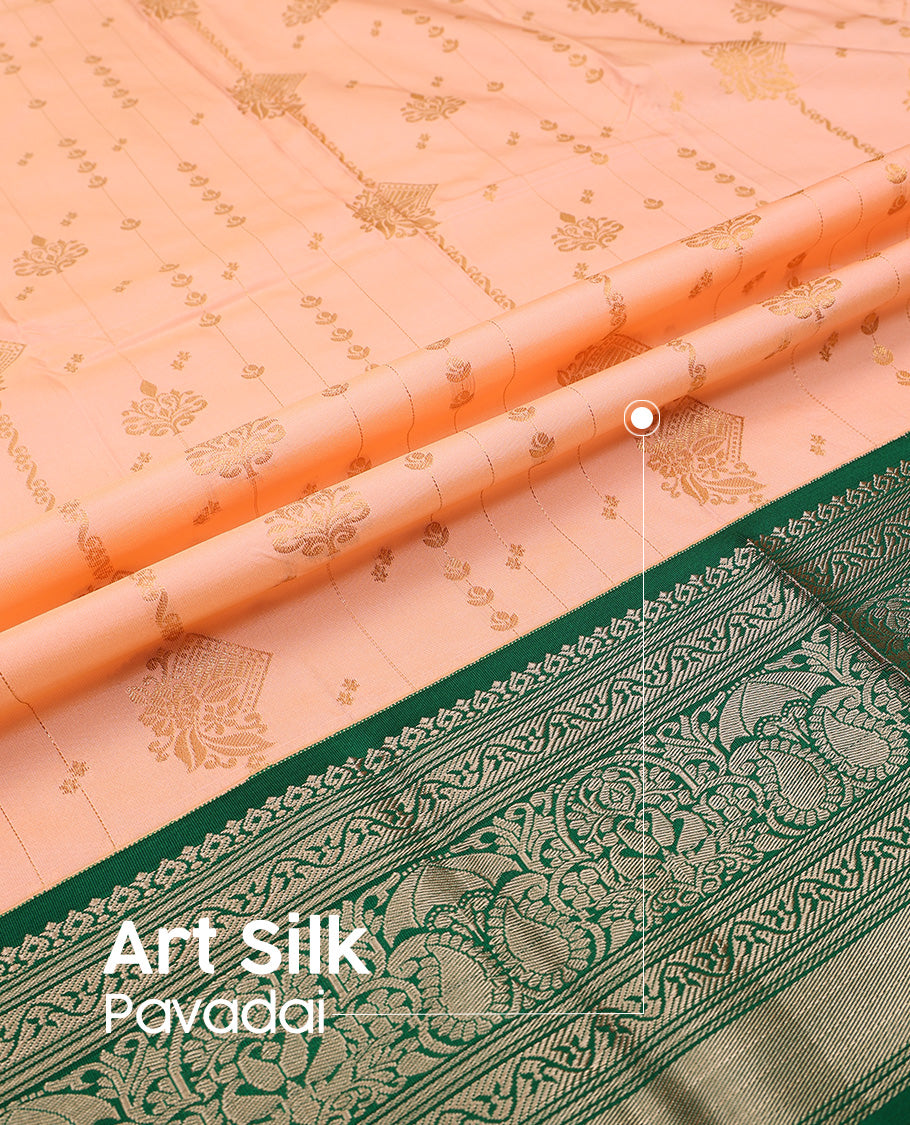 Orange art silk pavadai set, zari design with contrast traditional zari bordered skirt and a contrast zari design blouse