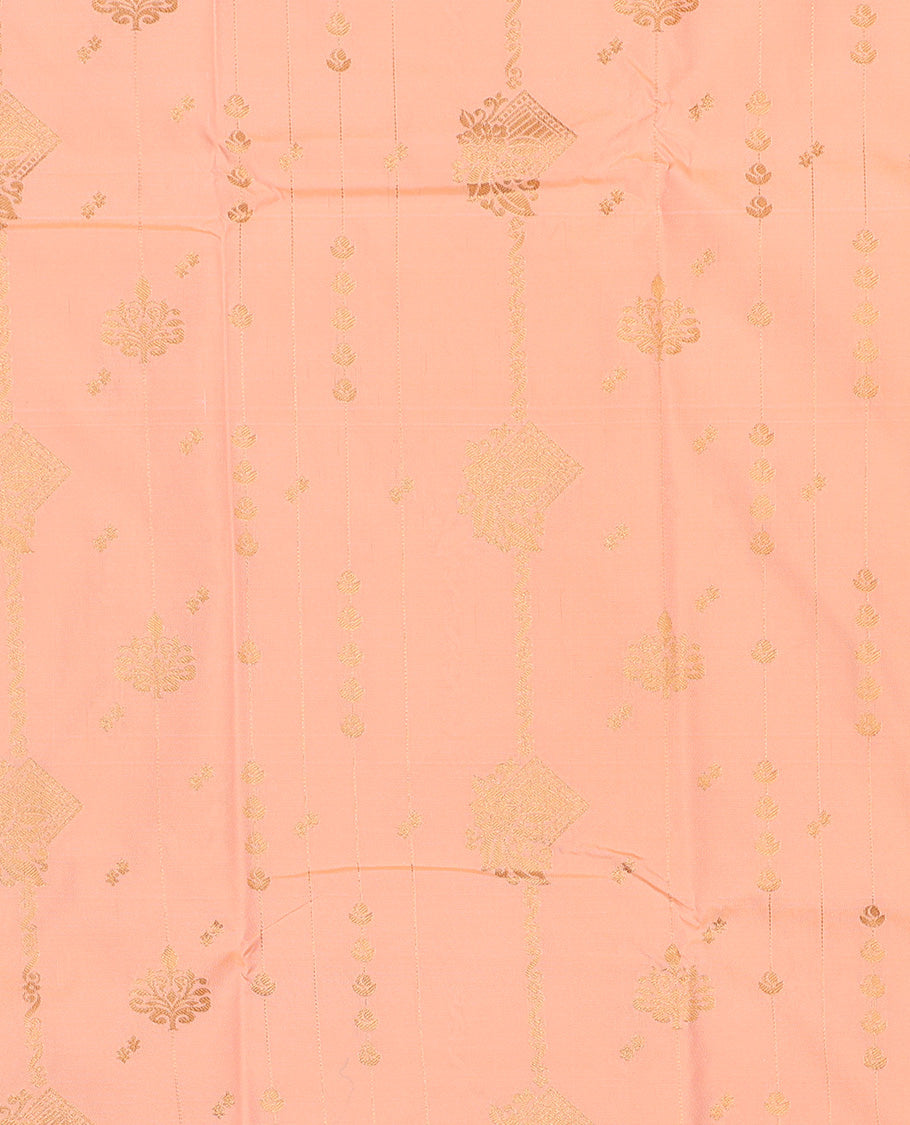 Orange art silk pavadai set, zari design with contrast traditional zari bordered skirt and a contrast zari design blouse