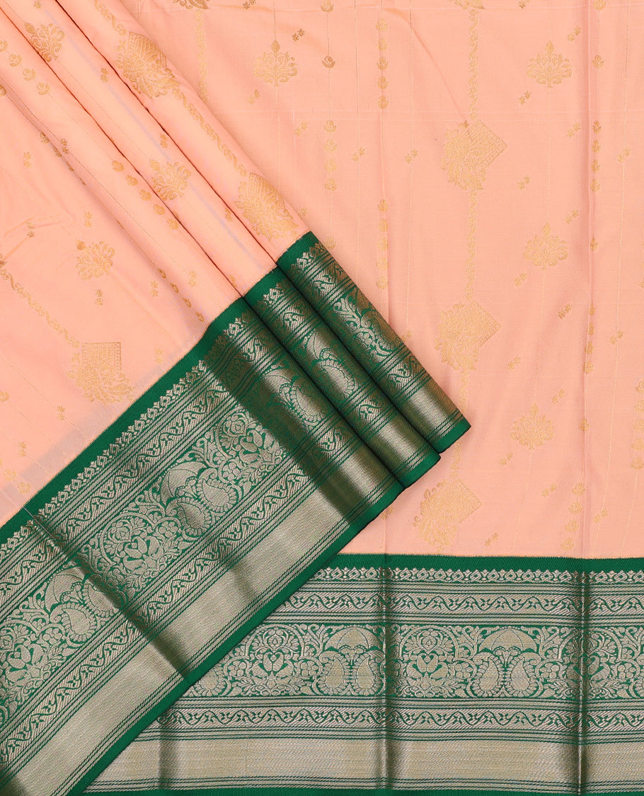 Orange art silk pavadai set, zari design with contrast traditional zari bordered skirt and a contrast zari design blouse