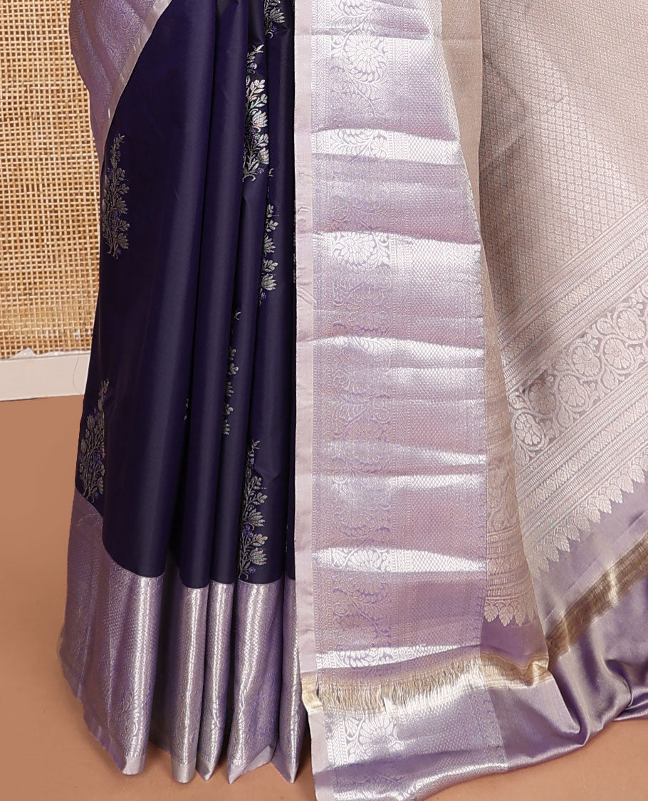 Blue zari buttas budget silk saree, contrast traditional zari border, and jaal pallu