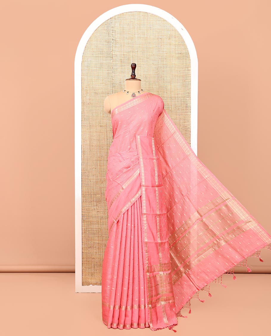 Pink Assam Silk Saree, Sparsely Woven with Buttas and Stripes, Highlighted by Traditional Zari Border, Zari-Striped Pallu, and a Contrast Blouse