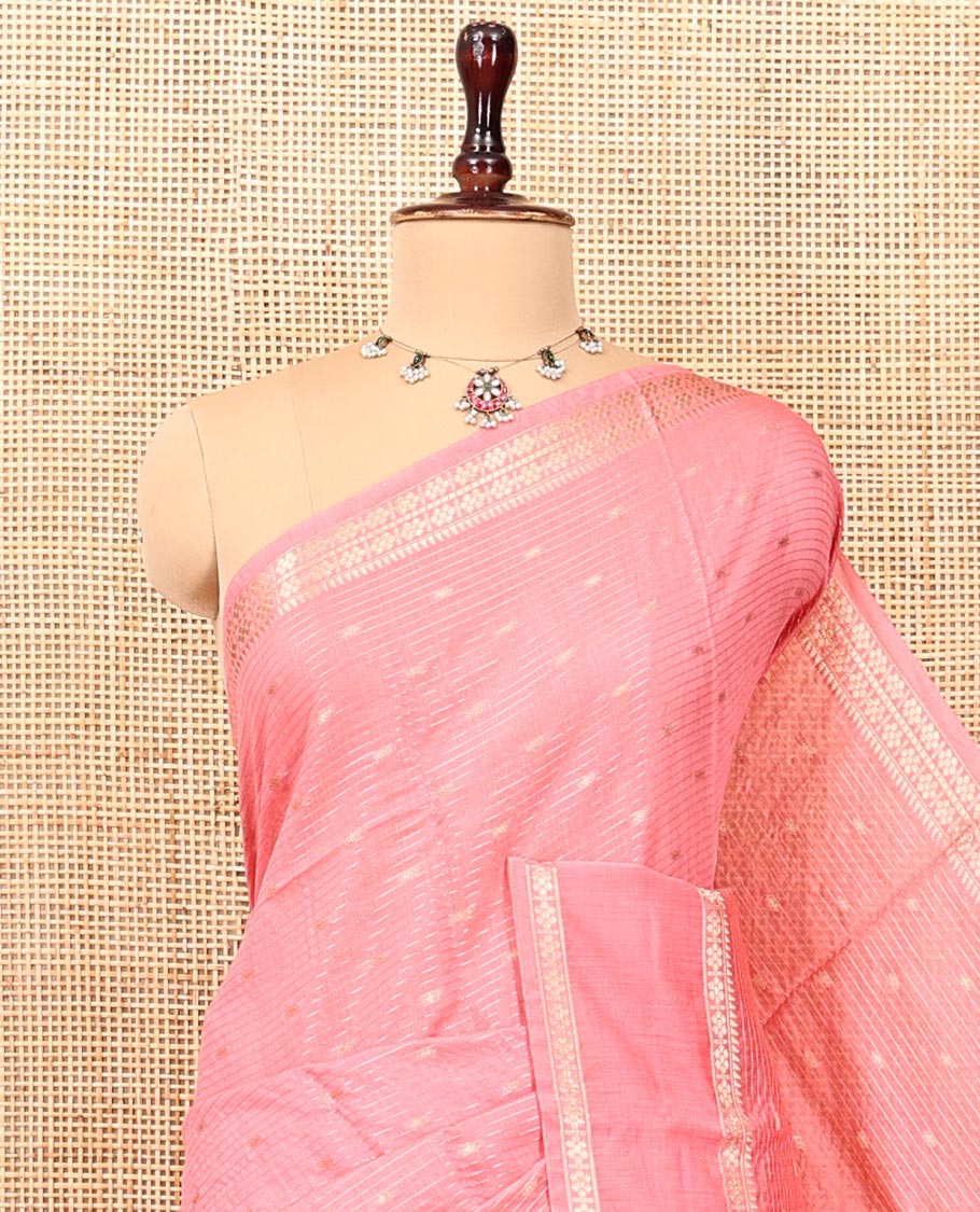 Pink Assam Silk Saree, Sparsely Woven with Buttas and Stripes, Highlighted by Traditional Zari Border, Zari-Striped Pallu, and a Contrast Blouse
