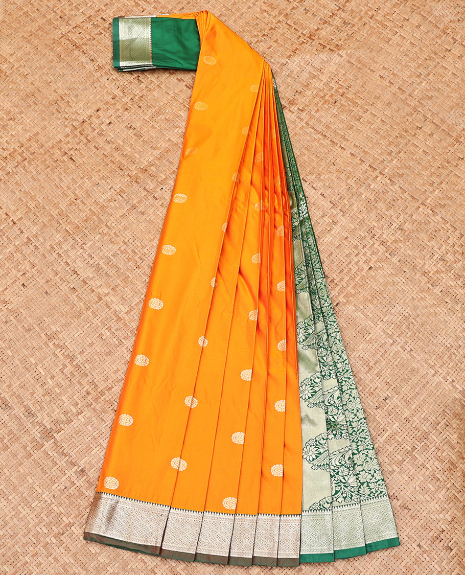 Orange Budget Silk Saree, Entralled with Zari Buttas All Over Its Body, Complemented by Contrast Traditional Zari Designs Woven Border, Grand Pallu and Paired with a Contrast Blouse