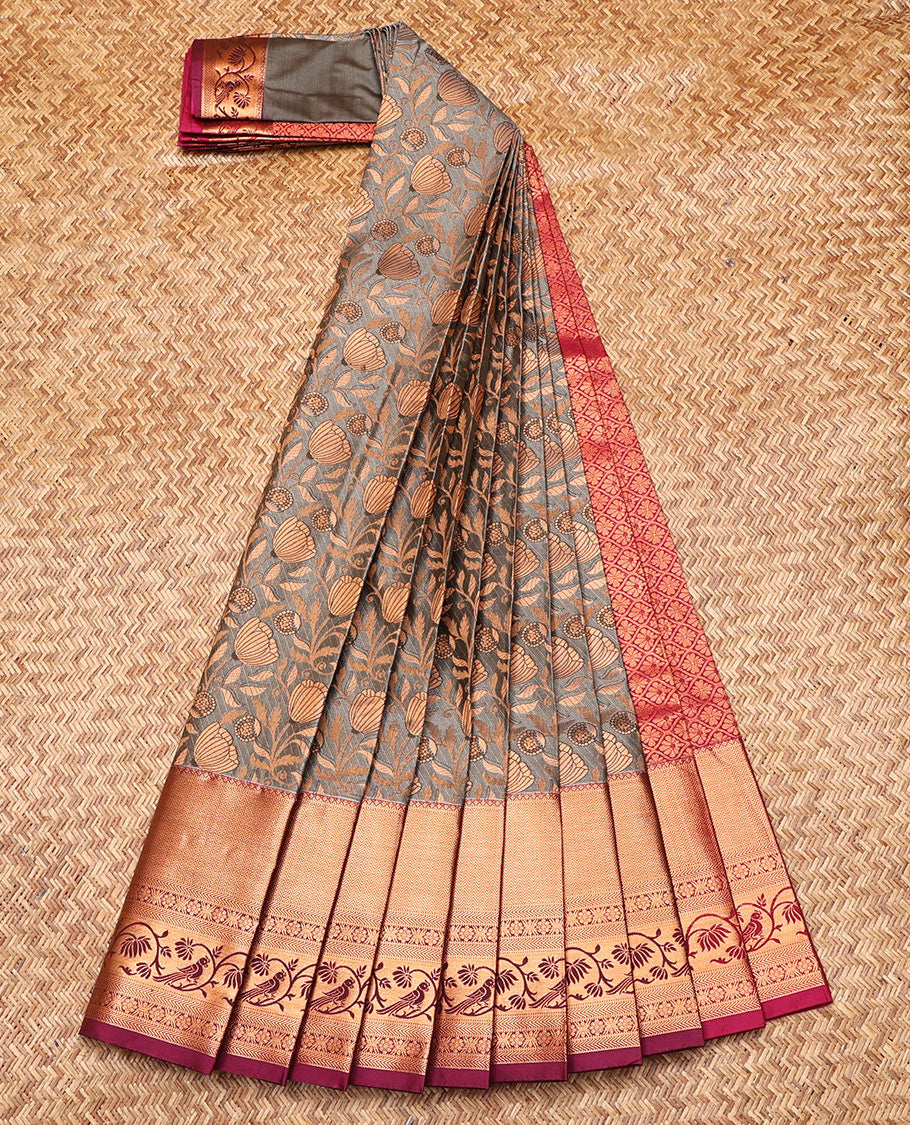 Grey Budget Silk Saree, Decked Up with Jacquard Design, Contrast Traditional Zari Border, Jaal Pallu, and a Contrast Blouse