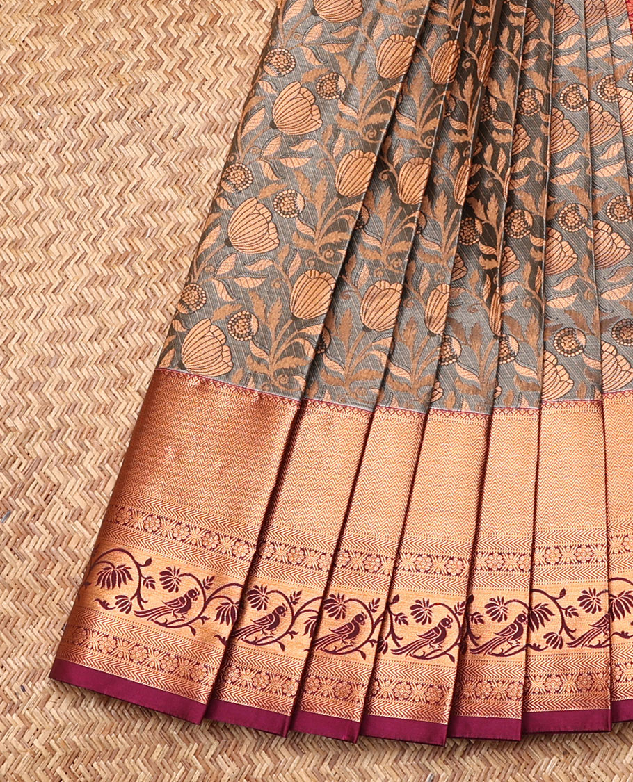 Grey Budget Silk Saree, Decked Up with Jacquard Design, Contrast Traditional Zari Border, Jaal Pallu, and a Contrast Blouse