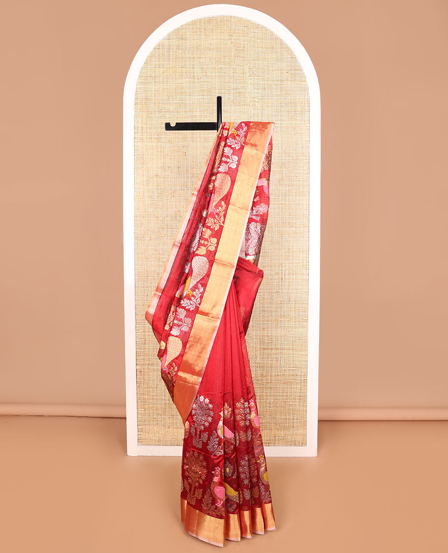 Red floral, peacock design chanderi cotton saree with contrast border & striped pallu
