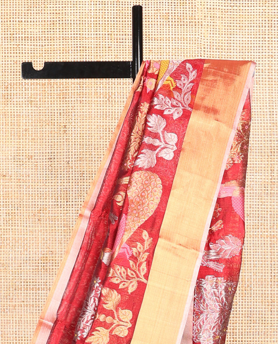 Red floral, peacock design chanderi cotton saree with contrast border & striped pallu