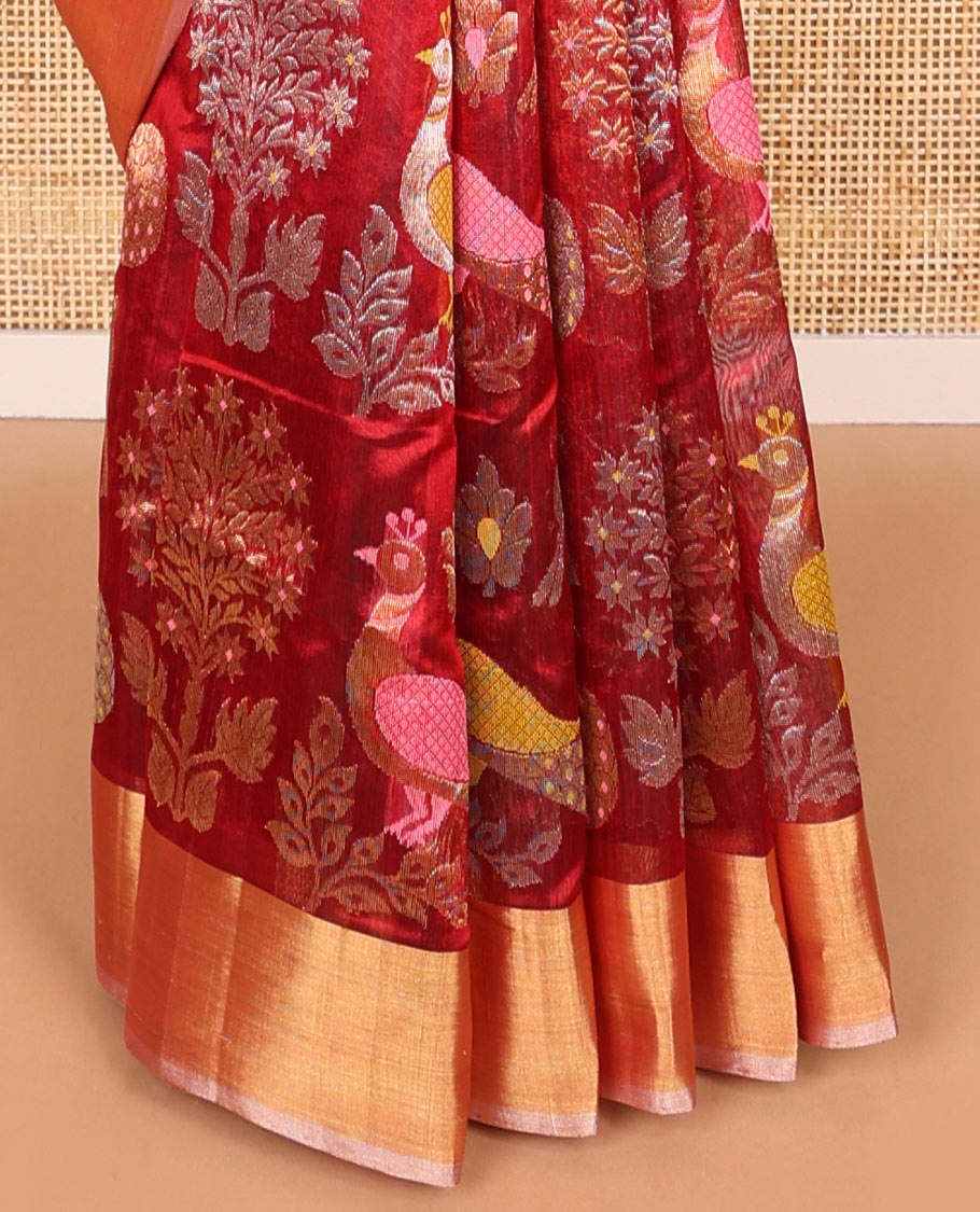 Red floral, peacock design chanderi cotton saree with contrast border & striped pallu