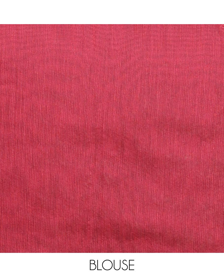 Borderless red stripes and triangle buttas woven semi-silk cotton saree, zari-rich geometric patterned pallu