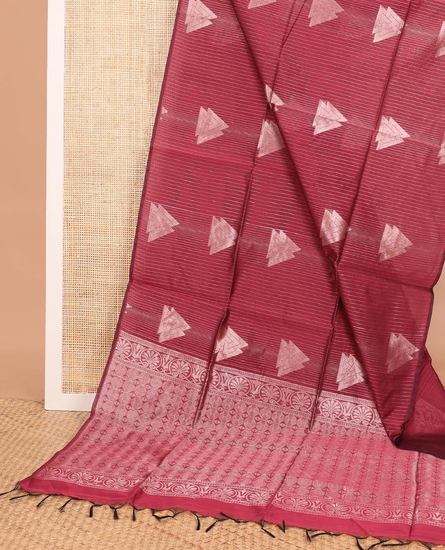 Borderless red stripes and triangle buttas woven semi-silk cotton saree, zari-rich geometric patterned pallu