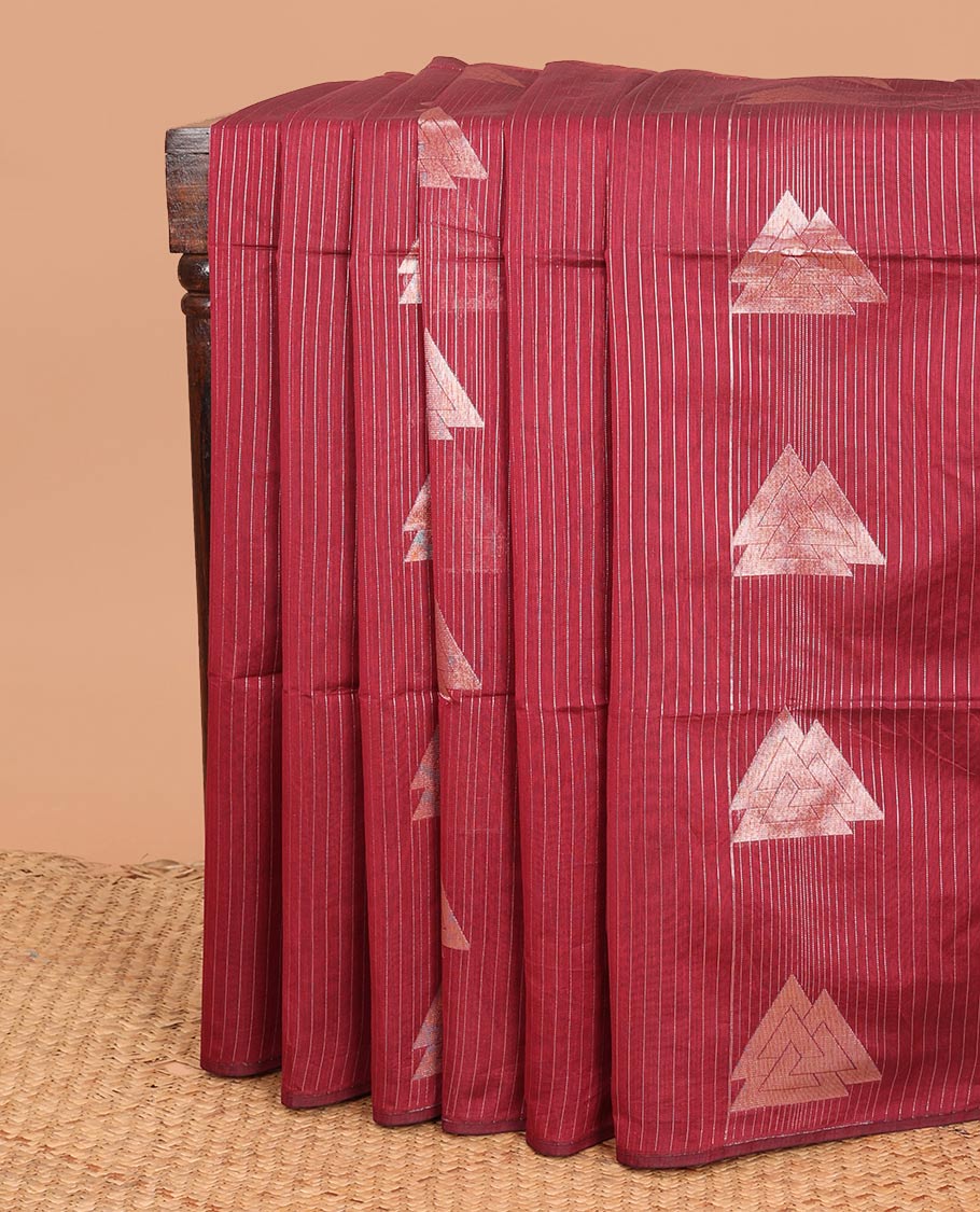 Borderless red stripes and triangle buttas woven semi-silk cotton saree, zari-rich geometric patterned pallu