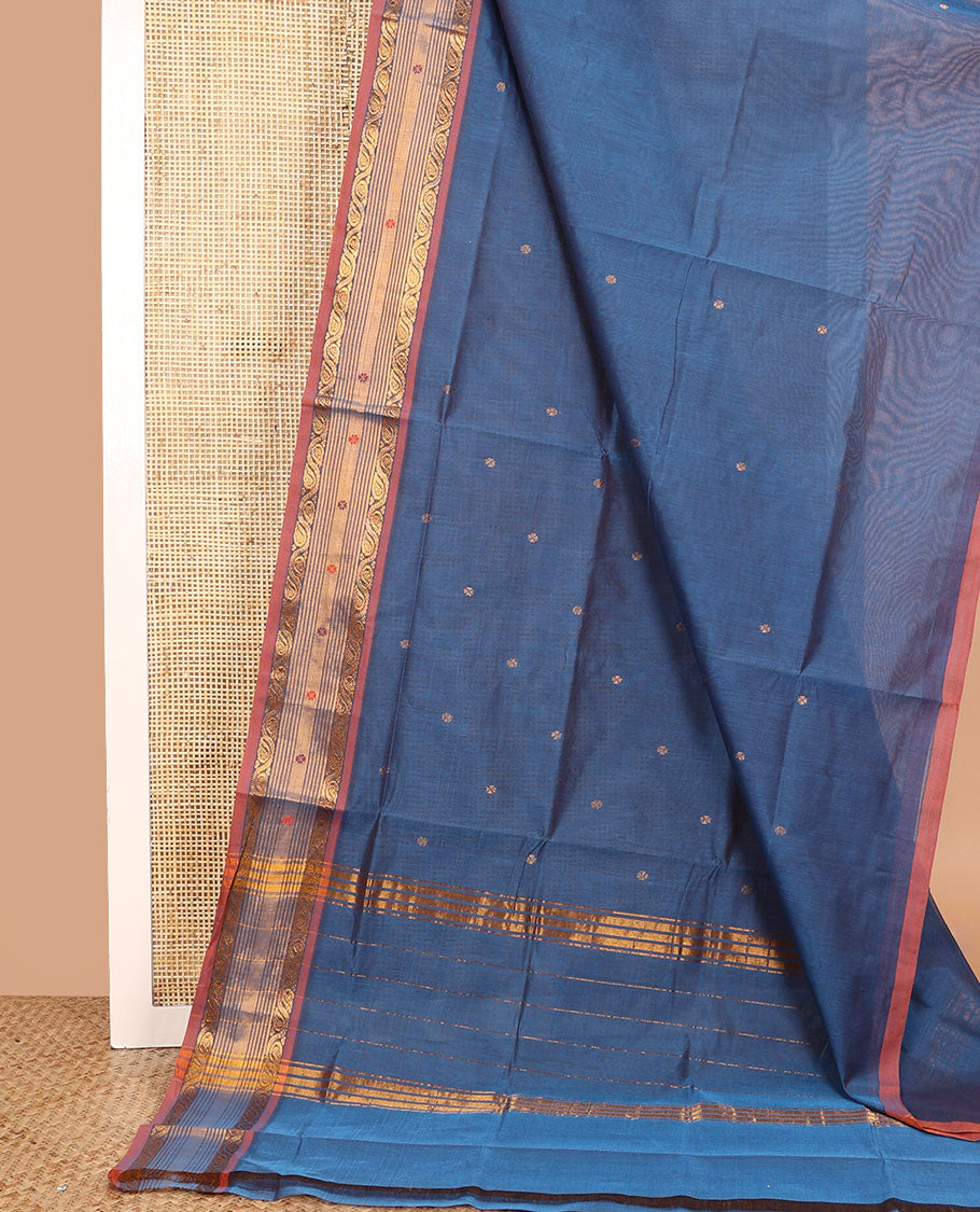 Blue buttas Venkatagiri cotton saree, contrast traditional zari border and zari striped pallu