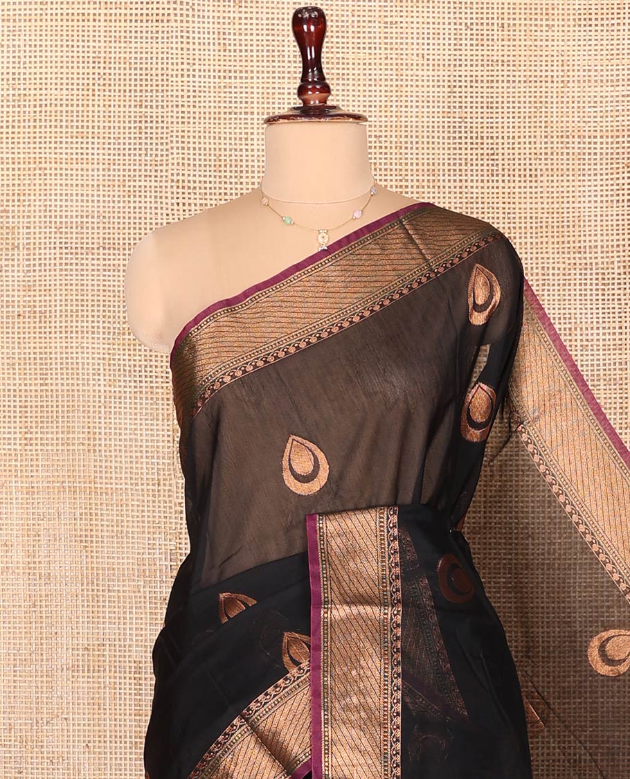 Black Semi-Silk Cotton Saree, Beautifully Bedecked with Zari Buttas on Its Body, Complemented by Contrast Traditional Zari Border, Zari-Rich Pallu of Jaal Designs, and Paired with a Contrast Blouse