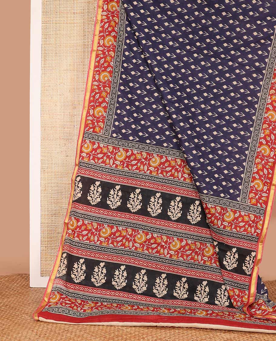 Navy blue floral motifs printed mul mul cotton saree, contrast floral vine printed border, and pallu of floral print