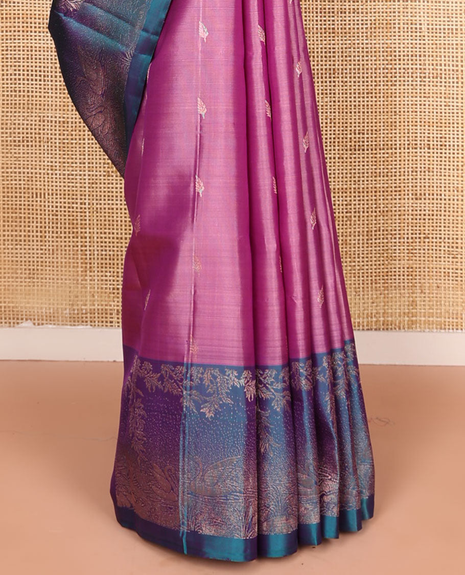 Pink zari buttas soft silk saree, contrast pond-theme zari woven border of floral and swan motifs, and intricate pallu