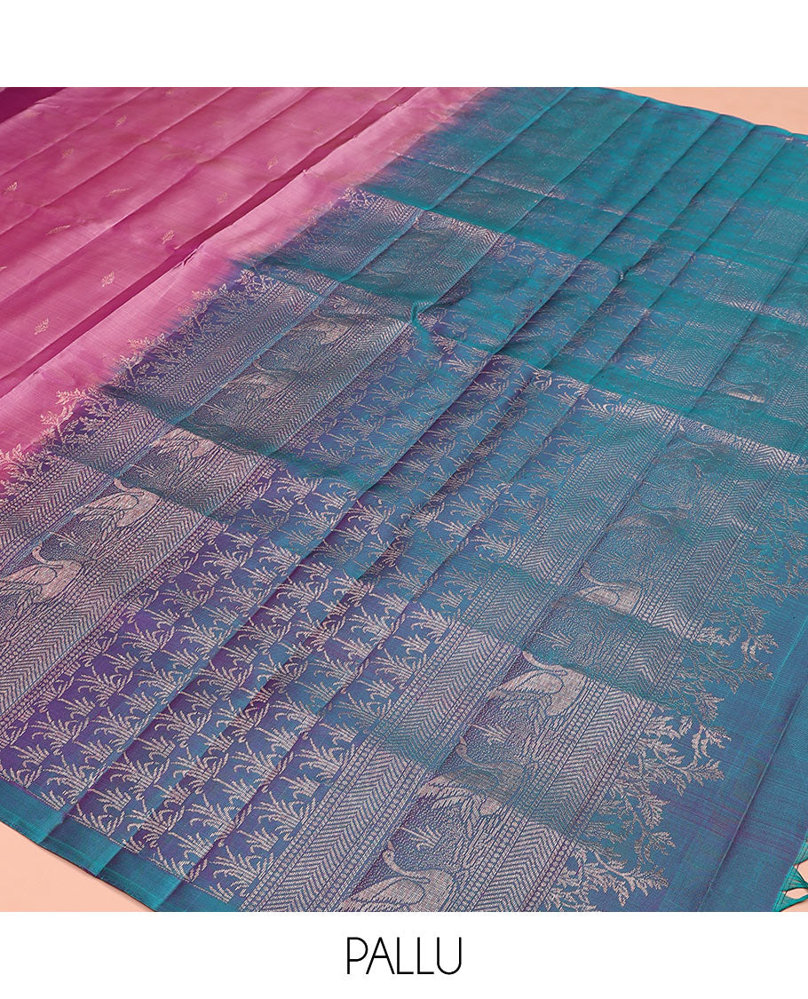 Pink zari buttas soft silk saree, contrast pond-theme zari woven border of floral and swan motifs, and intricate pallu