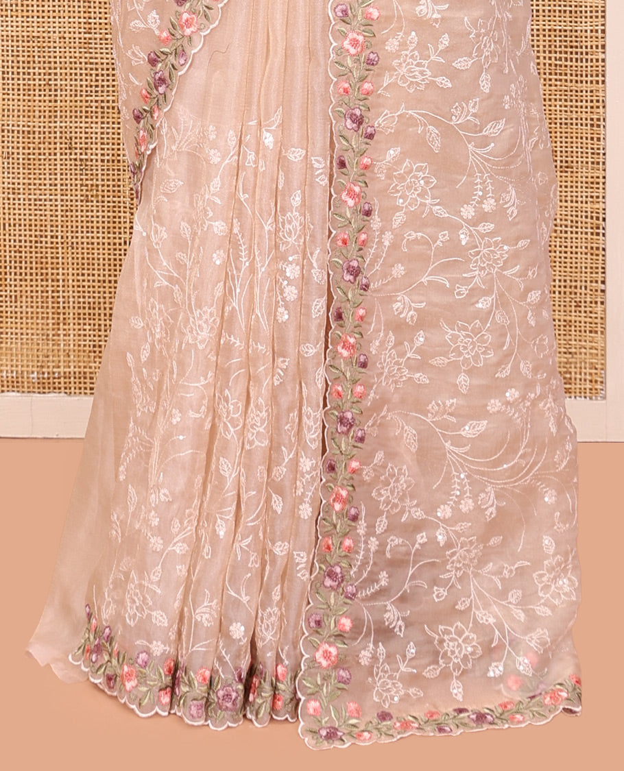 Beige Organza Saree, Steeped in the Richness of Floral Vine Embroidery, a Scallop Floral Embroidery Border, and a Matching Blouse
